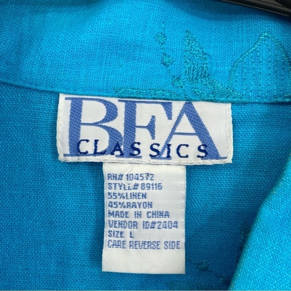 Vintage Blue Linen Blend Floral Embroidered Long Sleeve Button Down Large - Picture 2 of 9